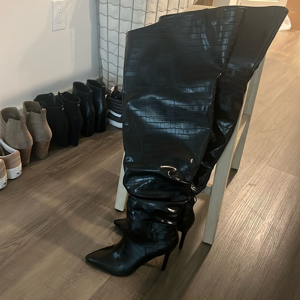 Fashion to figure thigh high crocodile boots for wide calves